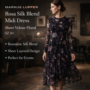 Markus Lupfer Rosa Dress Silk Blend Midi SZ10 Sheer Velour Painted Floral